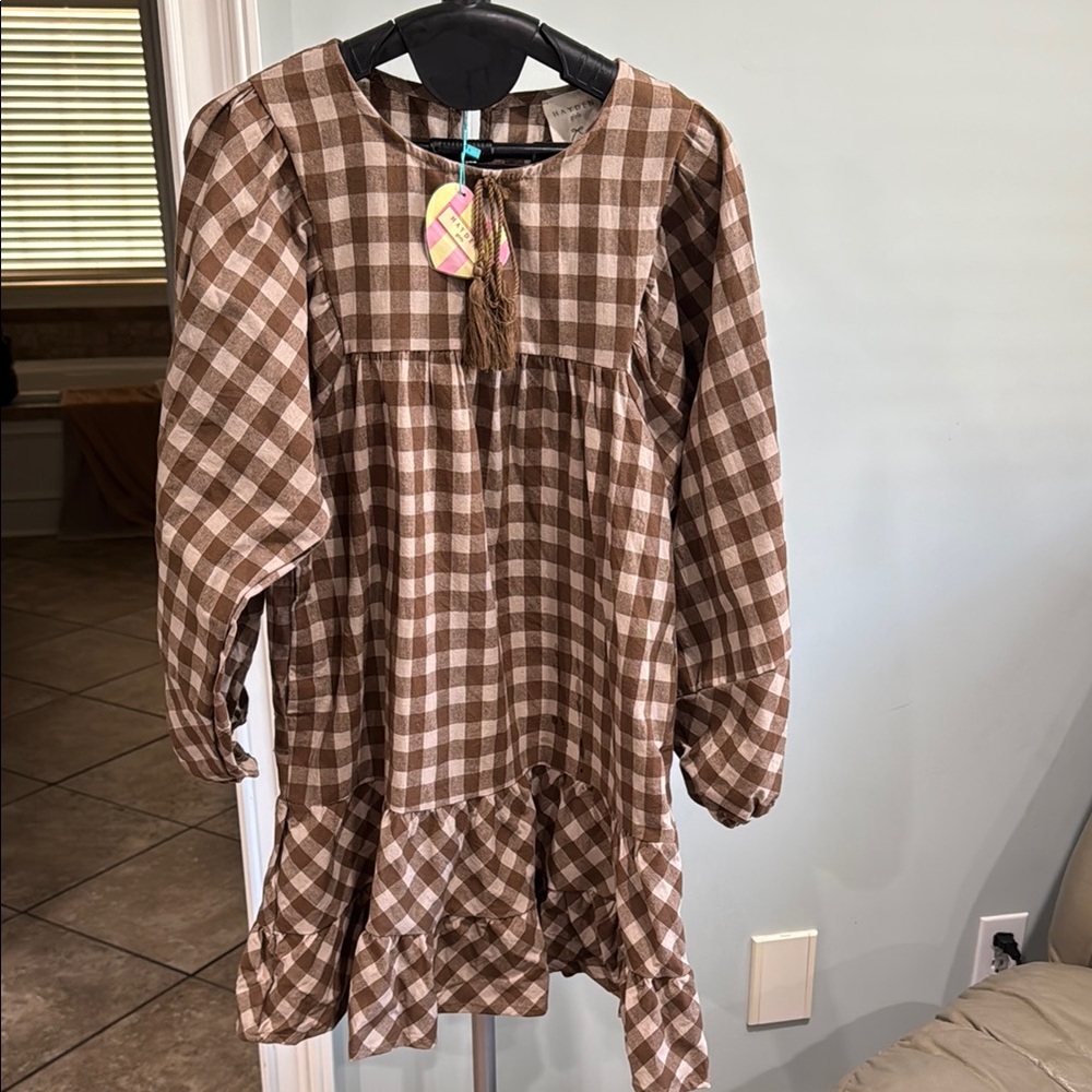 Brown Checkered Long Sleeve Dress